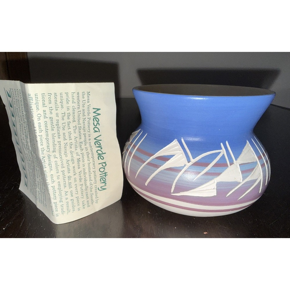Mesa Verde Navajo Pottery Vase Signed by YAZZIE Carved Southwestern 3.25"T 4.5"W